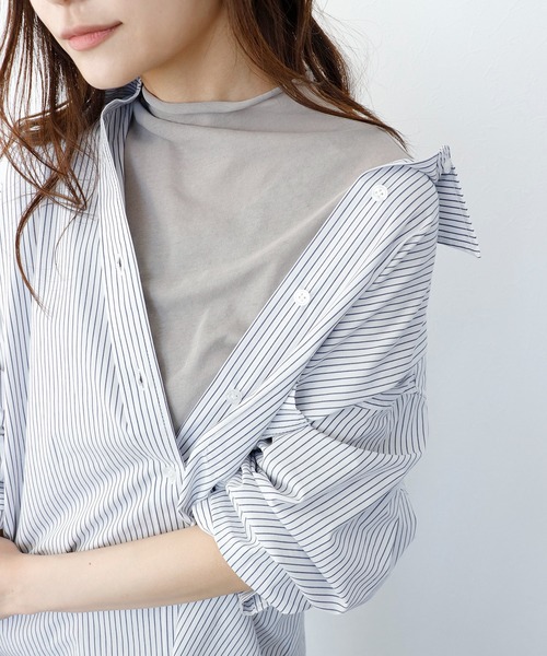 Jines tシャツ 斜行ガーゼ シアーハイネックトップス レディース