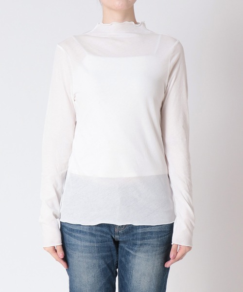 Jines tシャツ 斜行ガーゼ シアーハイネックトップス レディース