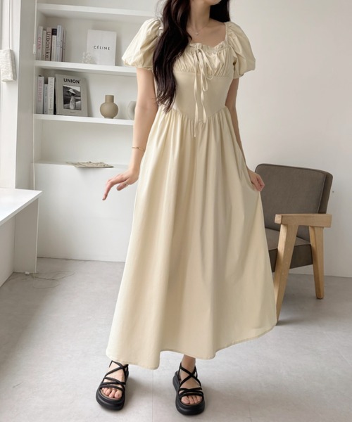 Ada. ワンピース 2WAY 胸元ギャザー コルセット風切り替え フレア