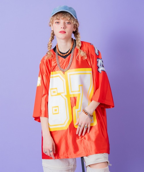 tシャツ a.p.o.v. ナンバリングビッグプリントメッシュ切替