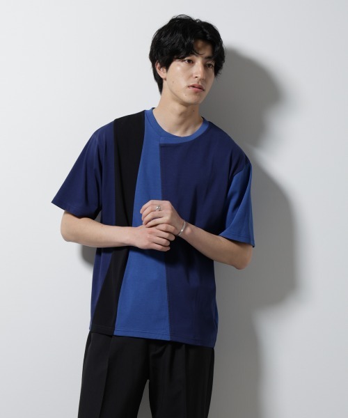ネイビー クルーネック 半袖Tシャツ NANO universe（ナノ・ユニバース） tシャツ デザイン切替クルーネック