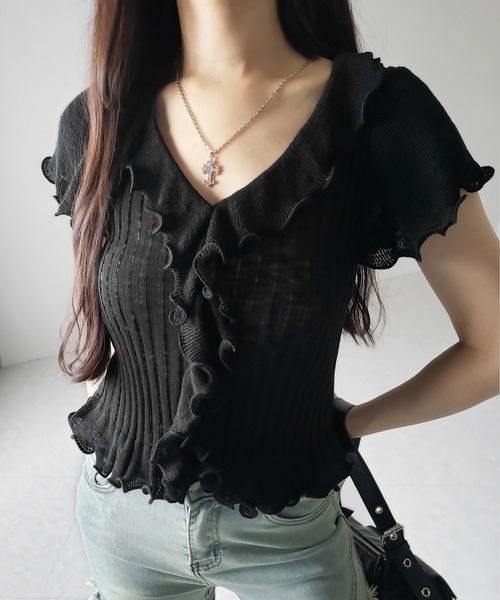 me+em select tシャツ 「 2color 」シアーフリル半袖リブニット