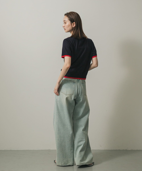 パイルニットポロシャツ 180-12250 Audrey and John Wad ミニブークレ襟付き配色ニット 大人スポーティ 個性的 長袖プルオーバー トップス 春夏秋 レディース Audrey and John Wad パイルニットポロシャツ 180-12250