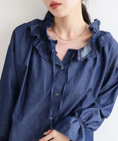 美品　KURASHI & TRIPS フリルネック デニムブラウス 長袖 le.coeur blanc（ルクールブラン） ブラウス シャツ フリルネック