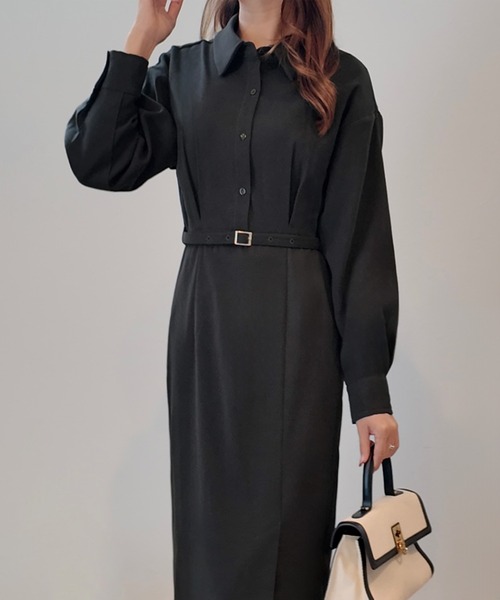 JUNOAH（ジュノア） ワンピース 微起毛ウエストベルトシャツワンピース