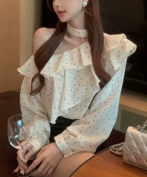 Sibra（シブラ） ブラウス シャツ ワンショルフリルドットブラウス