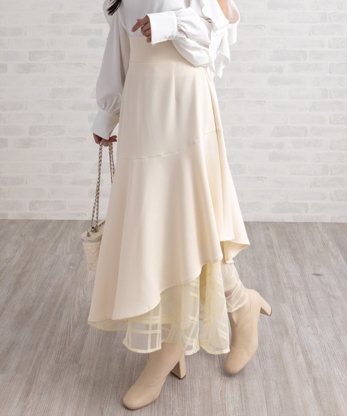 新品オッズオン アシンメトリースカート CLEAR BASIC≪AW新作≫シアーチェックドッキングアシンメトリー