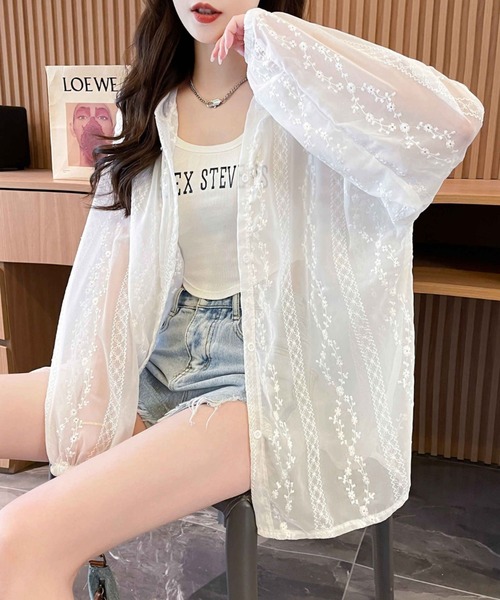 ブラウス シャツ オーバーサイズフード付きレース刺繍セミシアーシャツ