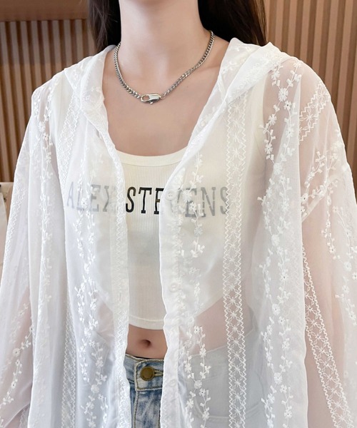 ブラウス シャツ オーバーサイズフード付きレース刺繍セミシアーシャツ 