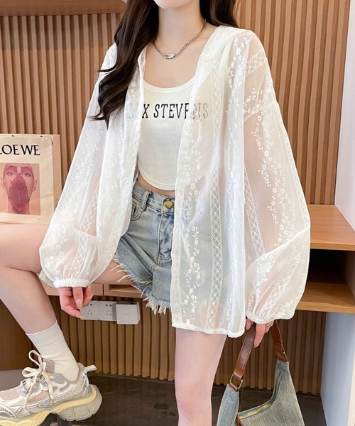 INSCRIRE 24SS レース刺繍 シアーシャツ 36 白 定価14.1万 ブラウス シャツ オーバーサイズフード付きレース刺繍セミシアーシャツ