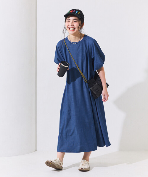 ワンピース THOUSAND MILE × FREAK'S STORE/サウザンドマイル 別注 UVカット パフスリーブワンピース/デニムライク/花柄の画像
