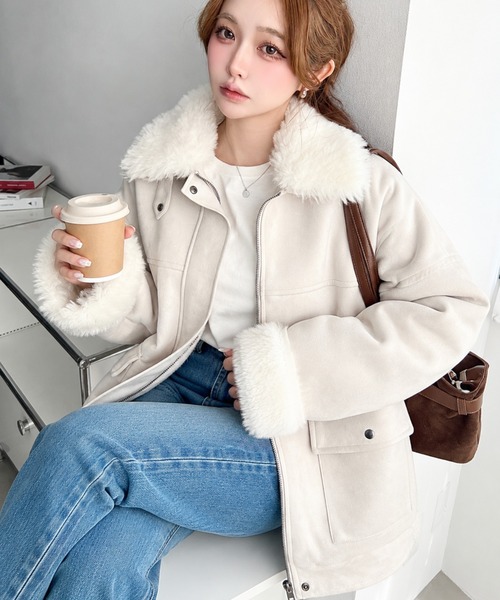 moment+ ムートンコート ボアコート ファーティペット付きフェイク