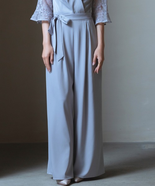 ドレスプラス DRESS+ レースブラウス  ジャンプスーツ セットアップ パンツドレス パーティードレス （グレー） セール28%OFF】ドレスプラス DRESS+ レースブラウス ジャンプ