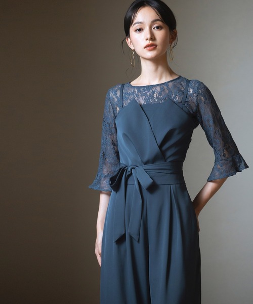 ドレスプラス DRESS+ レースブラウス  ジャンプスーツ セットアップ パンツドレス パーティードレス （ネイビー） ドレスプラス DRESS+ レースブラウス ジャンプスーツ