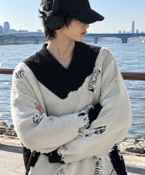 セーター ニット 「HOOK」配色ダメージ加工ニット風スウェット メンズ