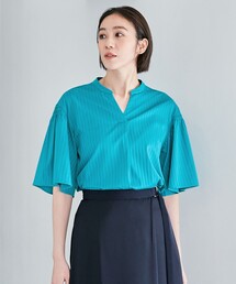 tシャツ 「XSサイズ〜/洗える」ストレッチシャーティング 5分袖 フレアスリーブブラウス レディース 自由区 tシャツ 「XSサイズ〜/洗える」ストレッチシャーティング