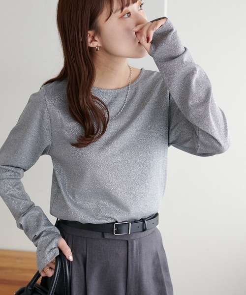 Jours+ ロングスリーブ ブラウス カモミール グレー 3L Discoat（ディスコート） tシャツ ラメロングスリーブ レディース