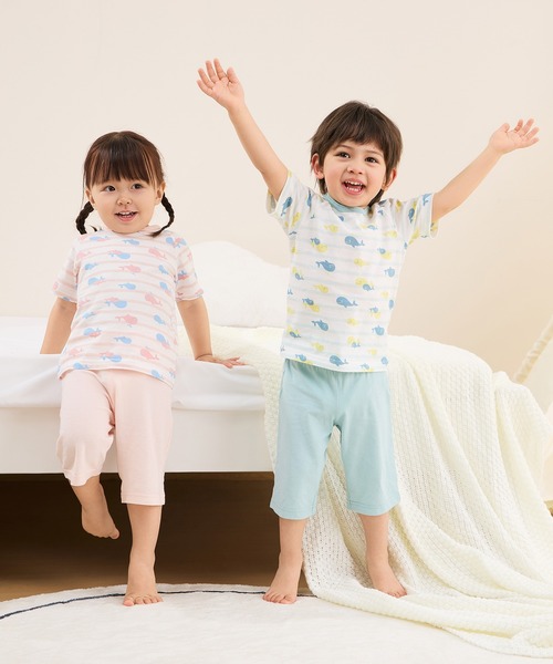 パジャマ のびのび腹巻付き半袖パジャマ（くじらボーダー・水遊び・いちご・恐竜） キッズ 子供 男の子 女の子 | Combi mini | 08