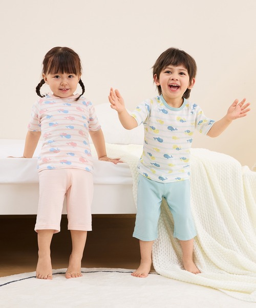 パジャマ のびのび腹巻付き半袖パジャマ（くじらボーダー・水遊び・いちご・恐竜） キッズ 子供 男の子 女の子 | Combi mini | 22