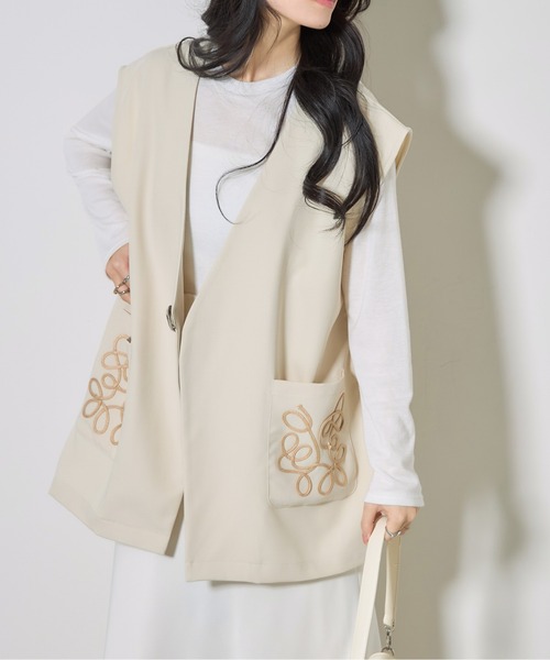 ノコプリーツ ジレ ベスト 共布プローチ付 未使用 MONO-MART ベスト ジレ ナチュラルシャンブレーファブリック