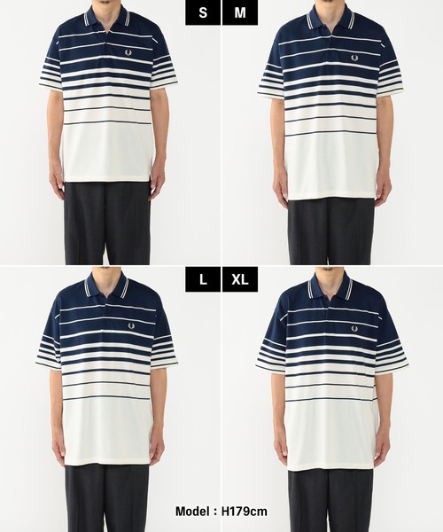 FRED PERRY ポロシャツ L 紺 ストライプ 綿100% 値下げ中】Fred Perry ネイビー ストライプ付き襟 ポロシャツ