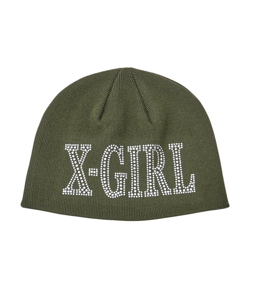X-girl ニット帽 ニットキャップ RHINESTONE ROMAN TYPE LOGO