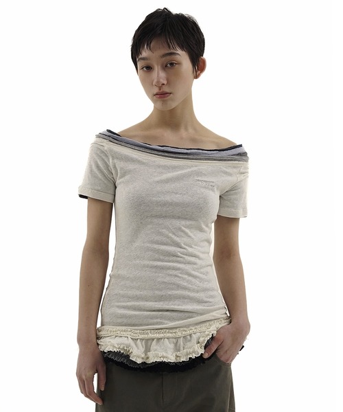 tシャツ ダブルドッキングオフショルフリルトップス DT0712「Moromoro2」「2025SS」 レディース Moromoro tシャツ ダブルドッキングオフショルフリルトップス