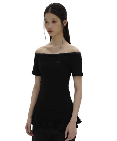 Moromoro tシャツ ダブルドッキングオフショルフリルトップス
