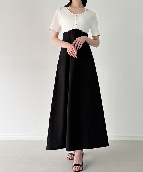 JUNOAH（ジュノア） ワンピース レイヤード風ドッキングセミフレア