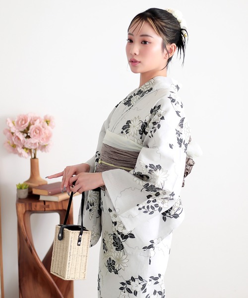 古典柄♪ふわり 薄墨菊に紅花 結び帯★綿百 変り織り★新品 浴衣 3点セット KIMONOMACHI 浴衣 レディース 浴衣 2点セット(綿浴衣+しわ兵児帯)「糸