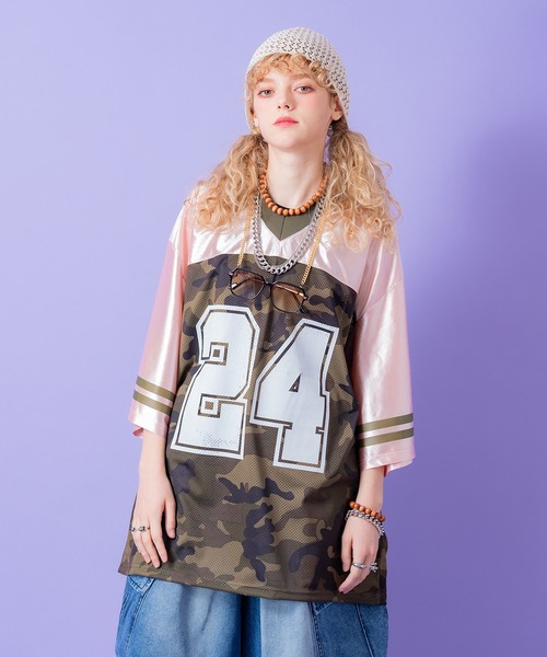 Argue Culture オーバーフットボールTシャツロンＴメッシュ切替 Argue Culture ロンTシャツメッシュ切替メタルボタンロゴ