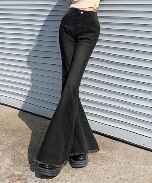 ジーンズ デニム デニムパンツ カットオフ ブーツカット ブラック