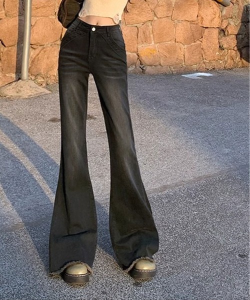 ジーンズ デニム デニムパンツ カットオフ ブーツカット ブラック