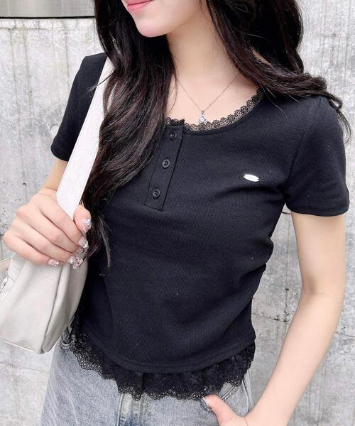 INGNI tシャツ ヘンリーレース付プレートロゴリブトップス