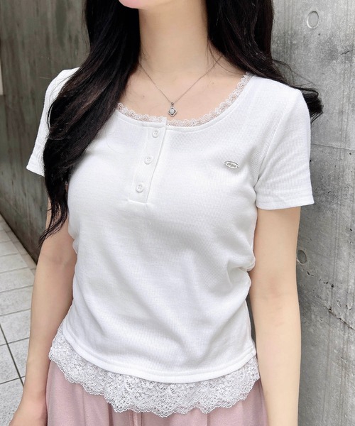 トップス nori1331 INGNI tシャツ ヘンリーレース付プレートロゴリブトップス