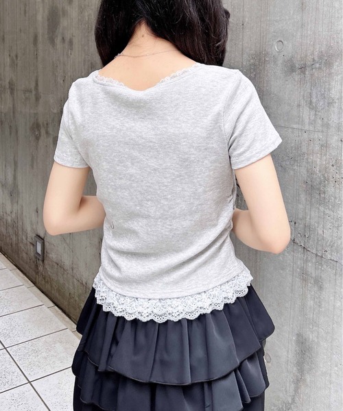 INGNI tシャツ ヘンリーレース付プレートロゴリブトップス