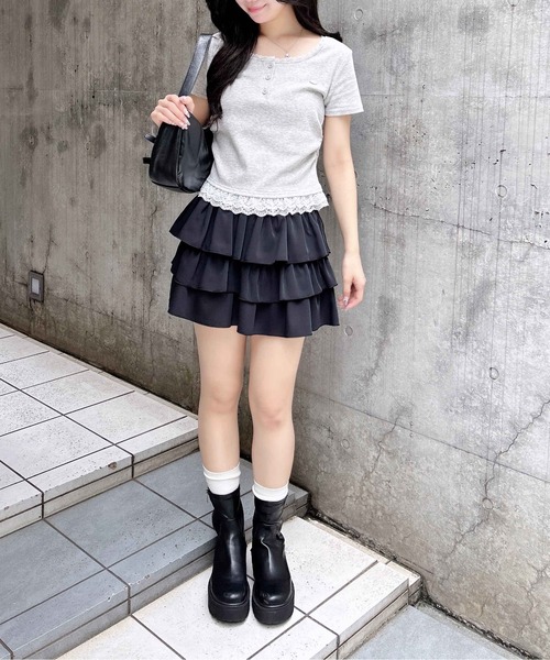 INGNI tシャツ ヘンリーレース付プレートロゴリブトップス