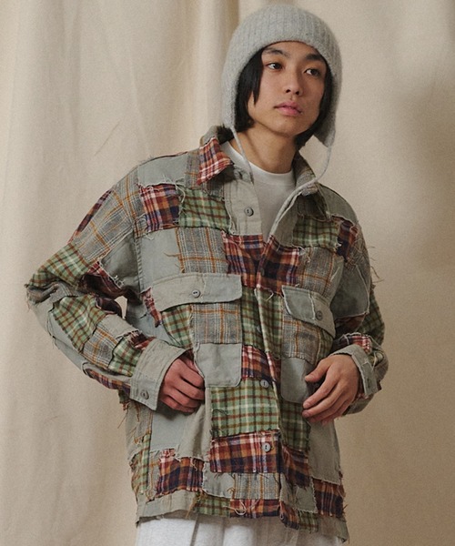 ヴィンテージパッチワークシャツブルゾン　XL イエローxグレージュxアイボリー シャツ Universal Style Wear パッチワーク メンズ レディース
