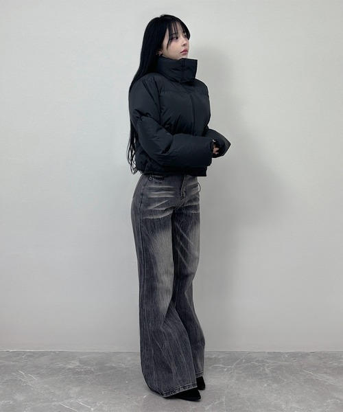 ウエスト絞り ブラックダウンジャケット FOLLOWIN（フォロウィン） ダウンコート ダウンジャケット 4color/裾