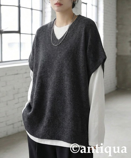 ブラック Vネック ベスト antiqua（アンティカ） ベスト ジレ Vネック ベスト レディース