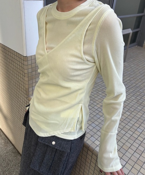 トップス Ameri CROSS LAYERED FLOCKY TULLE TOP Ameri（アメリ） tシャツ CROSS LAYERED FLOCKY TULLE TOP レディース