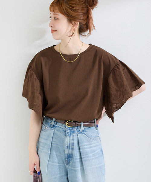 tシャツ ウォッシャブル / add Function レーススリーブ天竺プルオーバー レディースの画像