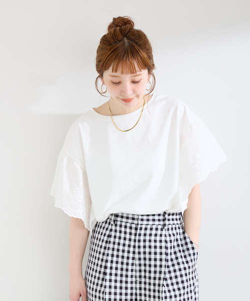 tシャツ ウォッシャブル / add Function レーススリーブ天竺プルオーバー レディースの画像