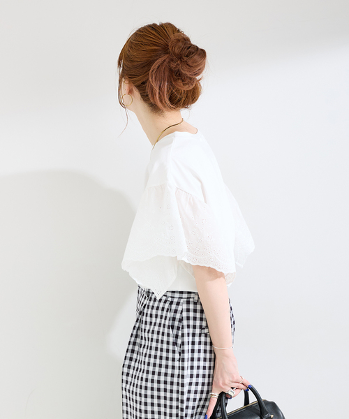 tシャツ ウォッシャブル / add Function レーススリーブ天竺プルオーバー レディースの画像