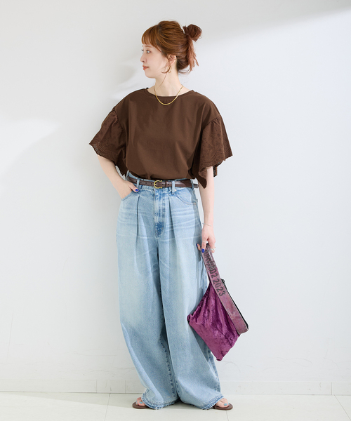 tシャツ ウォッシャブル / add Function レーススリーブ天竺プルオーバー レディースの画像