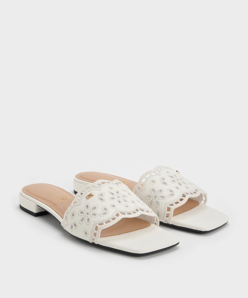 charles&keith レザー エンブロイダリー スライドサンダル CHARLES ＆ KEITH（チャールズ&キース） サンダル レザー エンブロイ