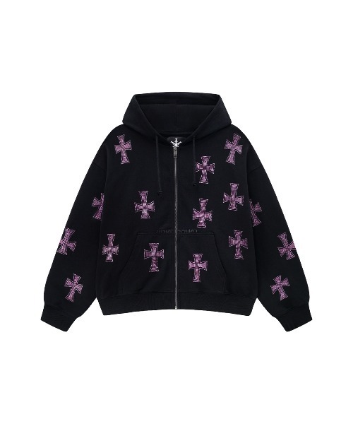 unknown パーカー Black×pink パーカー ジップフーディ｜Black x Pink Allover Cross Rhinestone Zip