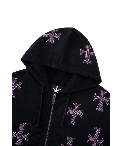 パーカー ジップフーディ｜Black x Pink Allover Cross Rhinestone Zip