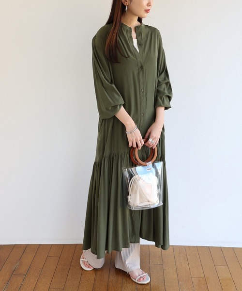 ＼半額SALE／ andme シャツワンピース サテン長袖バンドカラーティアード ワンピース