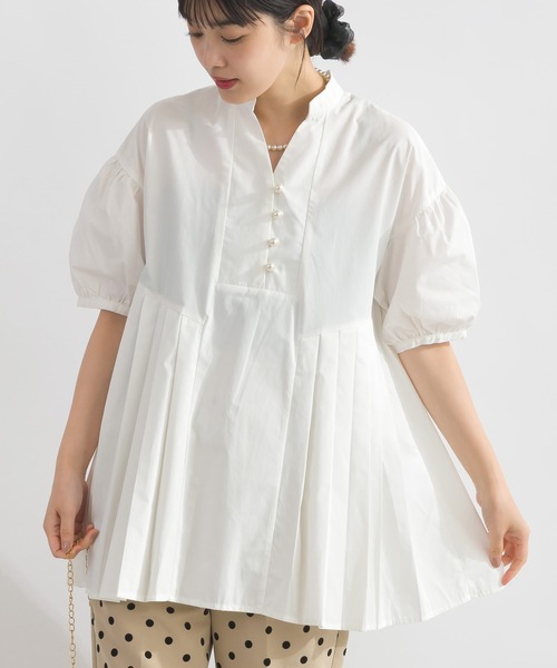 PICCIN PERLA ブラウス シャツ 裾プリーツパールボタンブラウス